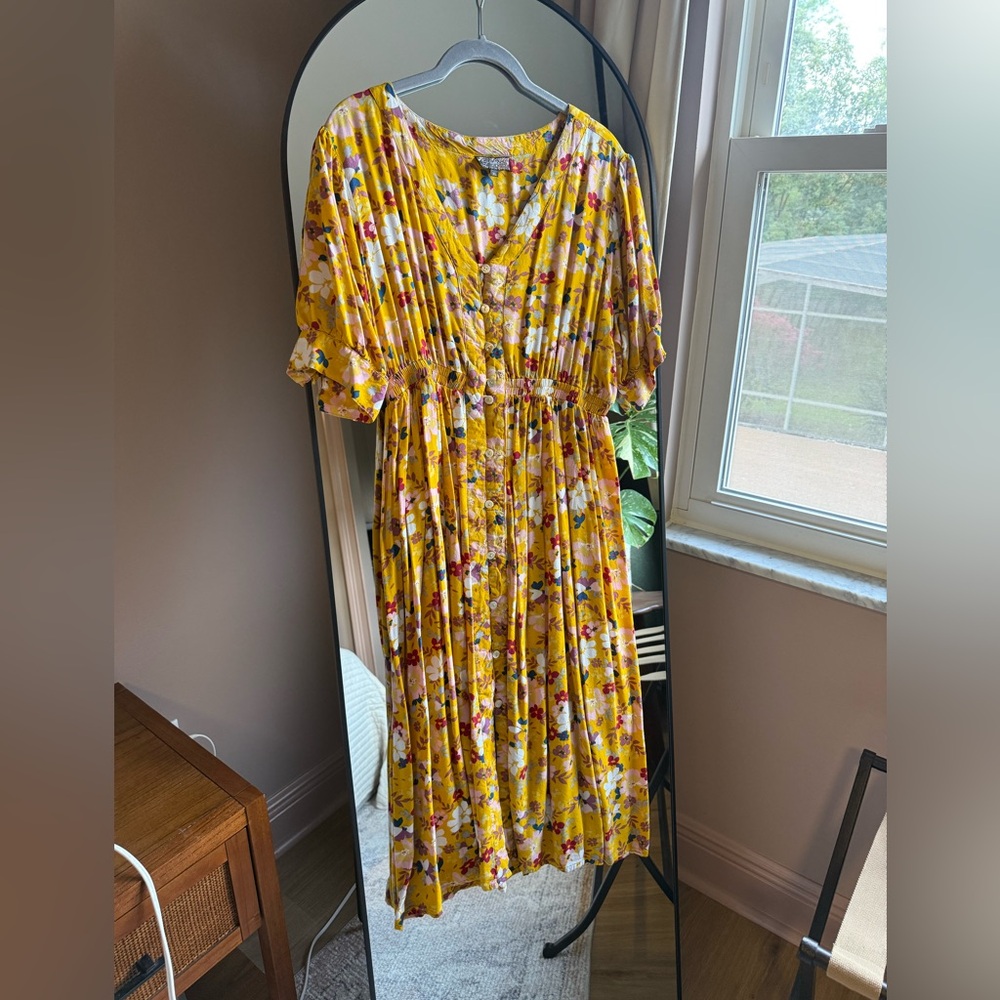 J Gee Mustard Yellow Floral Button Front Midi Dress Boho XL